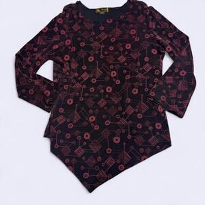 Mirasol Vintage Asymmetrical Black and Red Mesh Glitter Long Sleeve Top, Medium